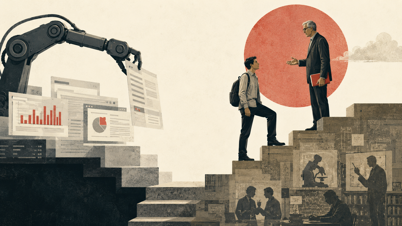 Editorial illustration accompanying Nicole Junkermann's article on artificial intelligence, education, professional training and the future of expertise.